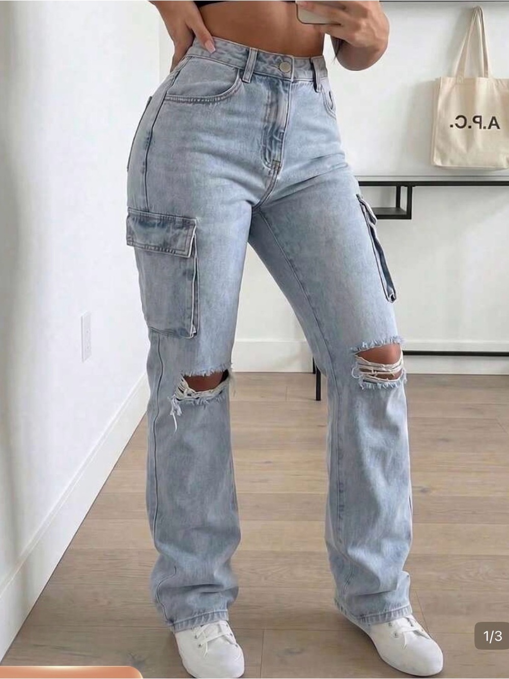 NWOT Women's High Waist Cargo Jeans With Ripped Detail, Retro Street Style